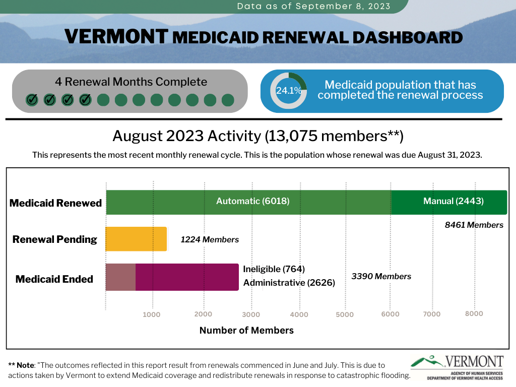 Graphic of August 2023 VT Medicaid renewal dashboard